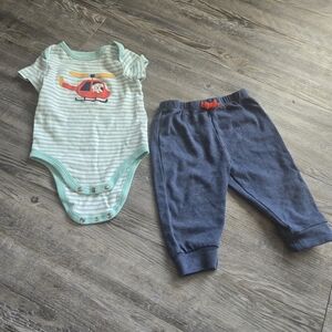 12M Boys Striped Green Helicopter Onesie and Blue Pants Set